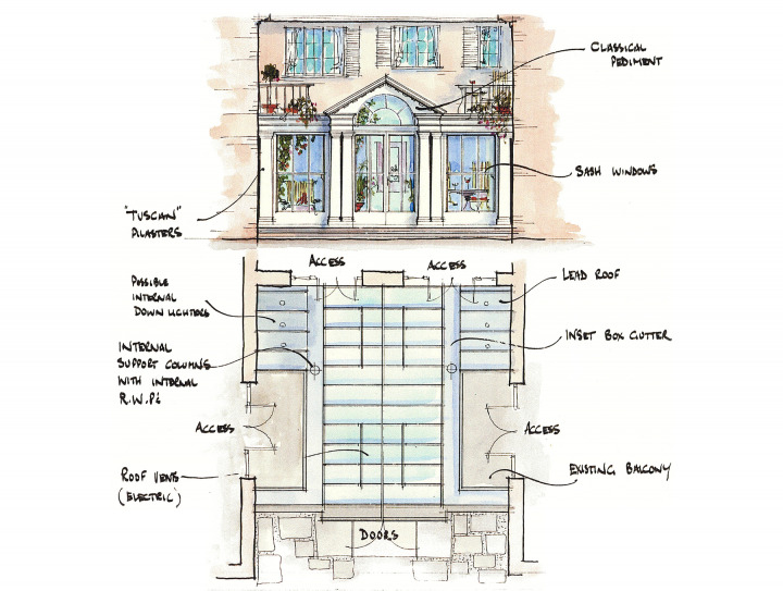 Classic orangery with pediment, sash windows, glass and lead roof