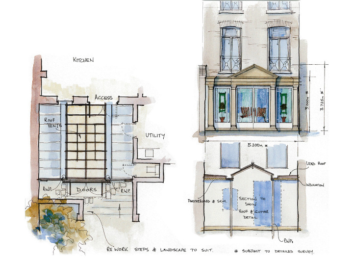 Pedimented glazed link to a listed town house