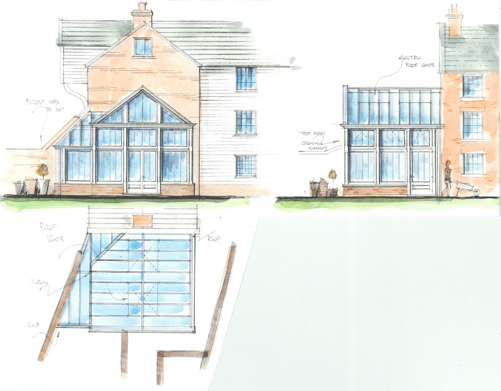 Bespoke conservatory with automatic roof opening and top-hung sashes